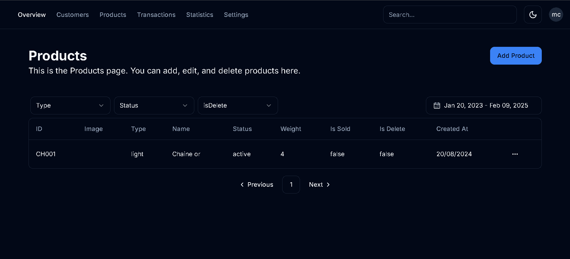 Products listing