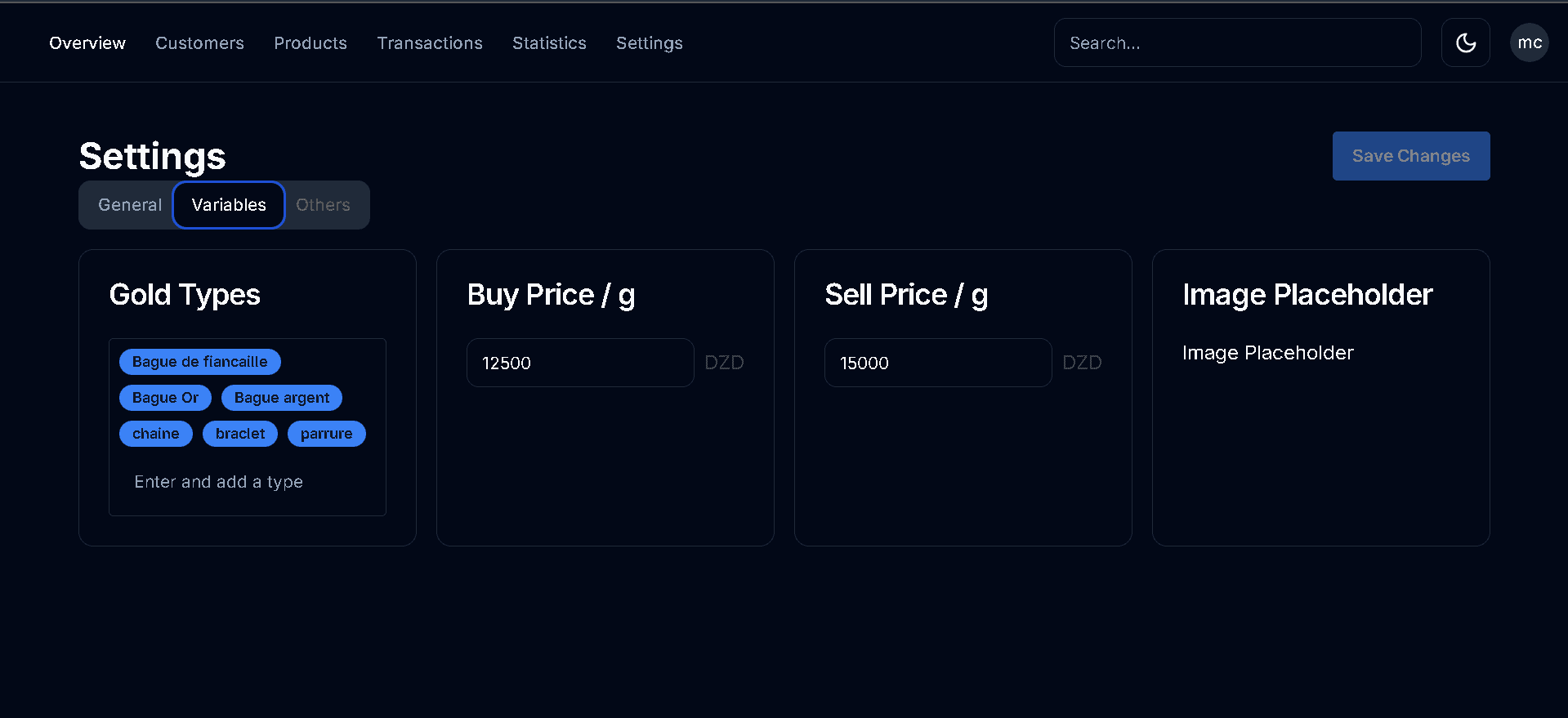 Settings page