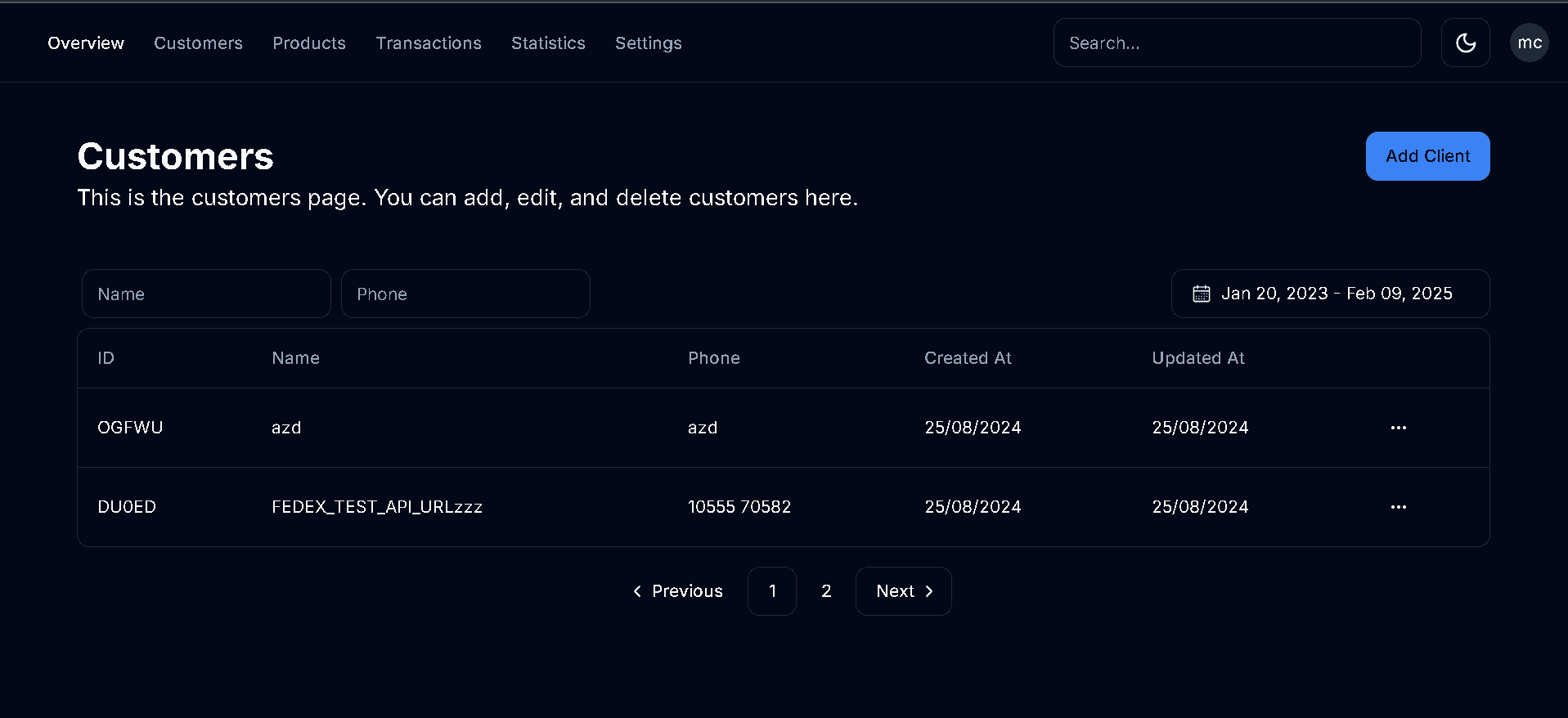 Users listing